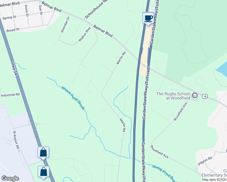 map of restaurants, bars, coffee shops, grocery stores, and more near 1634 Martin Road in Wall Township