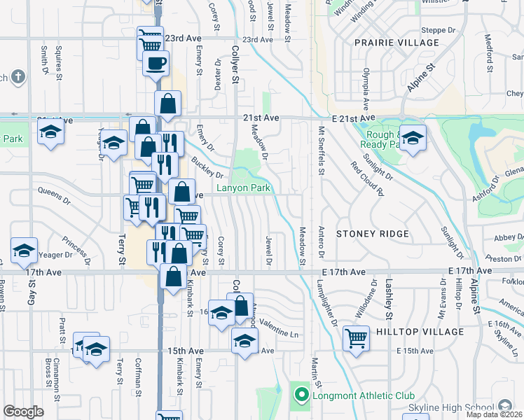 map of restaurants, bars, coffee shops, grocery stores, and more near 1813 Jewel Drive in Longmont