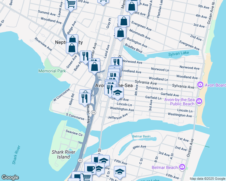 map of restaurants, bars, coffee shops, grocery stores, and more near 320 Main Street in Avon-by-the-Sea