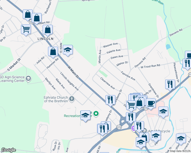 map of restaurants, bars, coffee shops, grocery stores, and more near 1025 Dawn Avenue in Ephrata