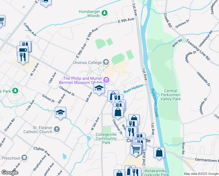 map of restaurants, bars, coffee shops, grocery stores, and more near 601 East Main Street in Collegeville