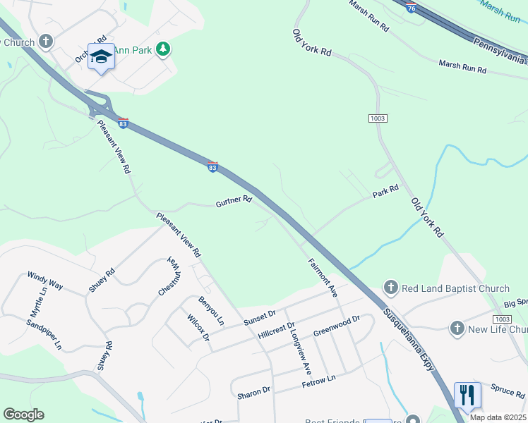 map of restaurants, bars, coffee shops, grocery stores, and more near 411 Gurtner Road in New Cumberland