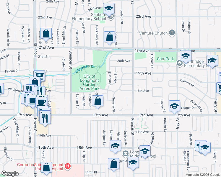 map of restaurants, bars, coffee shops, grocery stores, and more near 1815 18th Avenue in Longmont