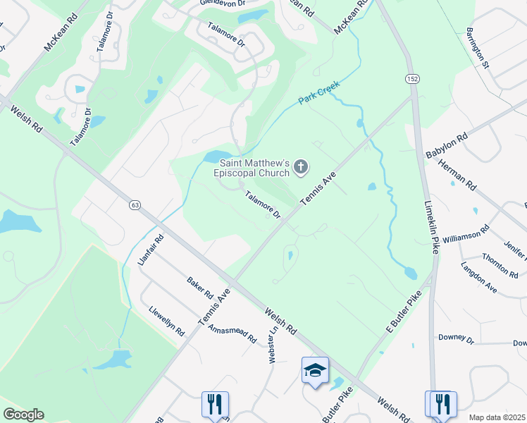 map of restaurants, bars, coffee shops, grocery stores, and more near 610 Stoneham Court in Ambler