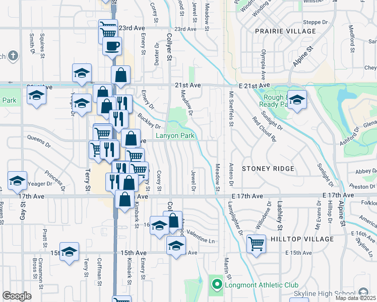 map of restaurants, bars, coffee shops, grocery stores, and more near 1813 Jewel Drive in Longmont