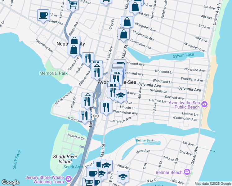 map of restaurants, bars, coffee shops, grocery stores, and more near 320 Main Street in Avon-by-the-Sea
