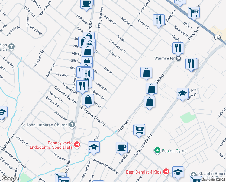 map of restaurants, bars, coffee shops, grocery stores, and more near 131 Madison Avenue in Warminster