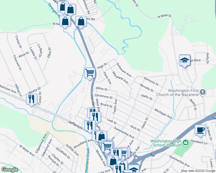 map of restaurants, bars, coffee shops, grocery stores, and more near 1245 Wilna Street in Washington