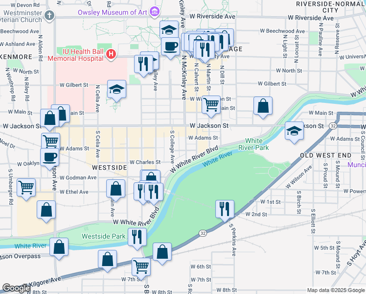 map of restaurants, bars, coffee shops, grocery stores, and more near 321 South McKinley Avenue in Muncie