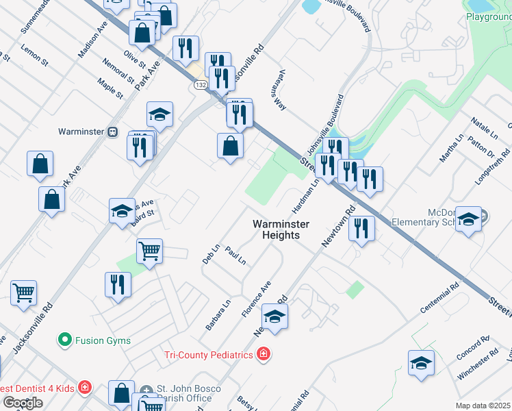 map of restaurants, bars, coffee shops, grocery stores, and more near 163 Luff Lane in Warminster