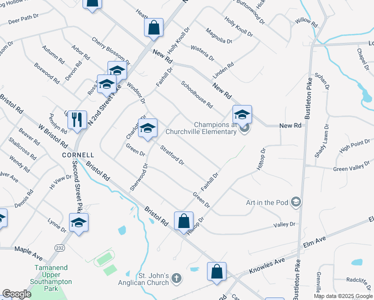 map of restaurants, bars, coffee shops, grocery stores, and more near 193 Stratford Drive in Southampton