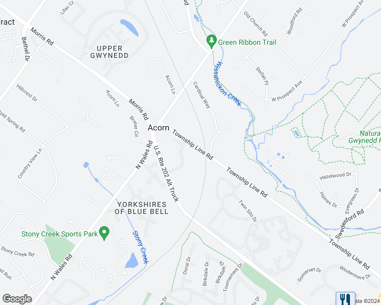 map of restaurants, bars, coffee shops, grocery stores, and more near 198 Township Line Road in Blue Bell