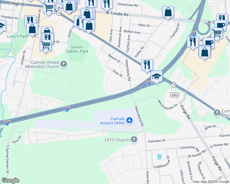map of restaurants, bars, coffee shops, grocery stores, and more near 136 Sable Drive in Carlisle