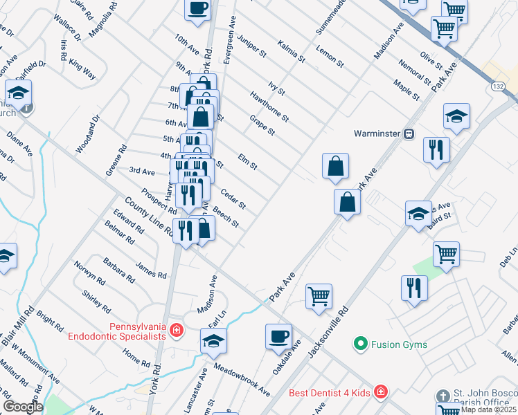 map of restaurants, bars, coffee shops, grocery stores, and more near 134 Madison Avenue in Warminster