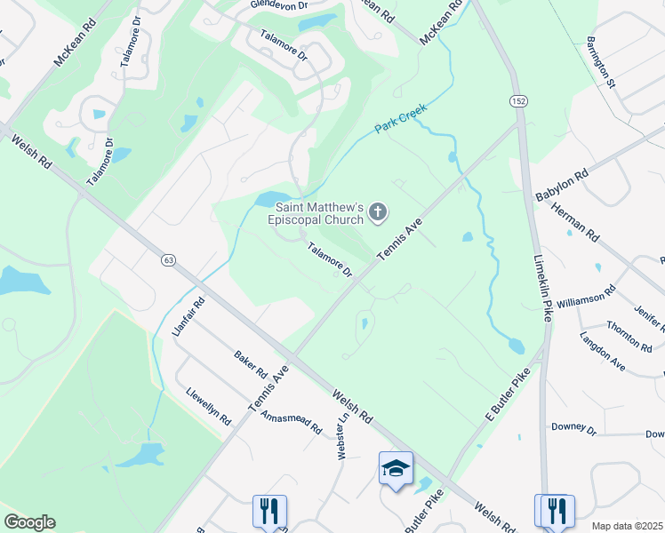 map of restaurants, bars, coffee shops, grocery stores, and more near 610 Stoneham Court in Ambler