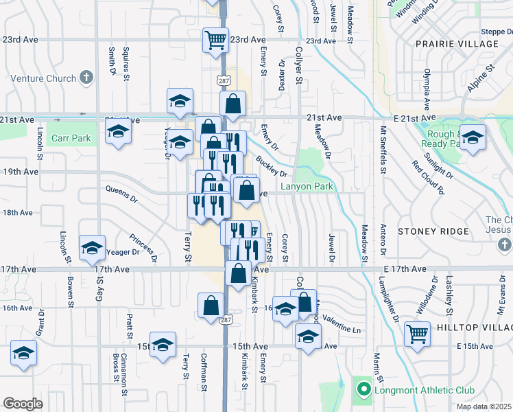 map of restaurants, bars, coffee shops, grocery stores, and more near 1834 Main Street in Longmont