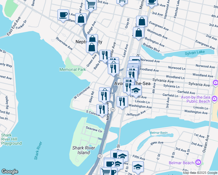 map of restaurants, bars, coffee shops, grocery stores, and more near in Neptune City