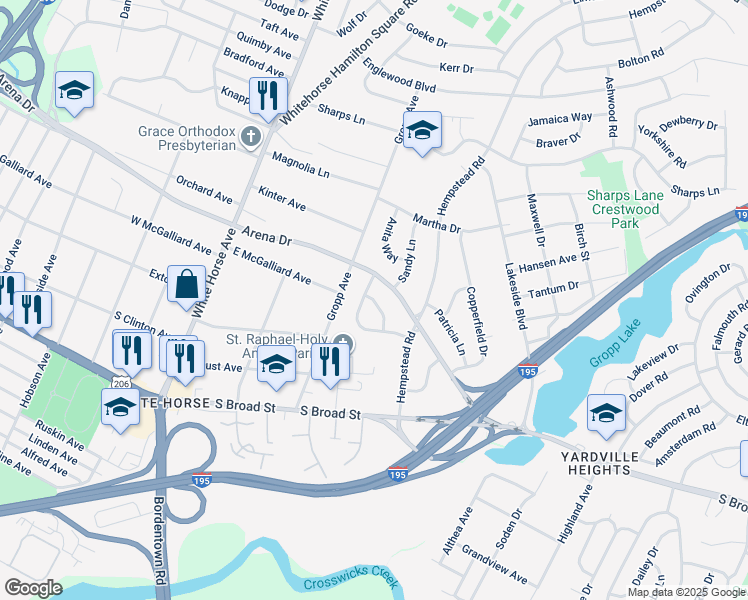 map of restaurants, bars, coffee shops, grocery stores, and more near 15 Shirley Lane in Trenton
