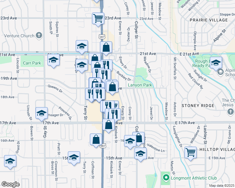 map of restaurants, bars, coffee shops, grocery stores, and more near 1845 Emery Street in Longmont
