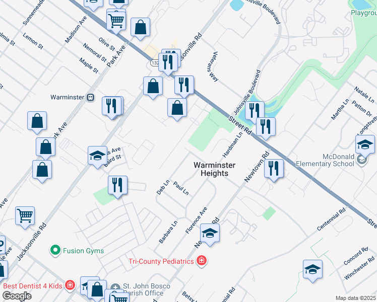 map of restaurants, bars, coffee shops, grocery stores, and more near 163 Luff Lane in Warminster