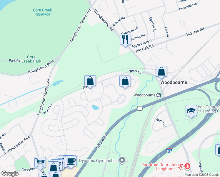 map of restaurants, bars, coffee shops, grocery stores, and more near 213 Sugarberry Lane in Langhorne
