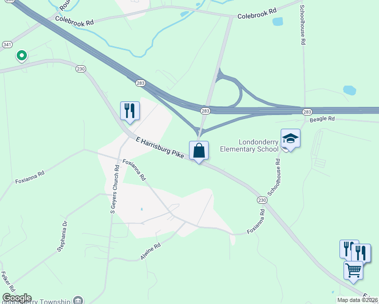 map of restaurants, bars, coffee shops, grocery stores, and more near 2777 East Harrisburg Pike in Middletown