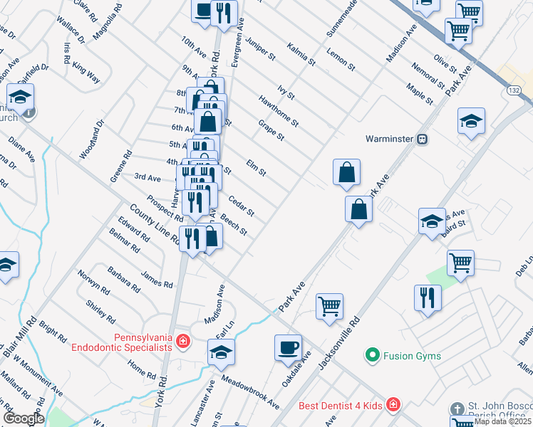 map of restaurants, bars, coffee shops, grocery stores, and more near 134 Madison Avenue in Warminster