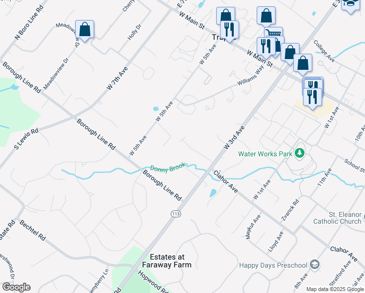 map of restaurants, bars, coffee shops, grocery stores, and more near 338 Laurel Drive in Collegeville