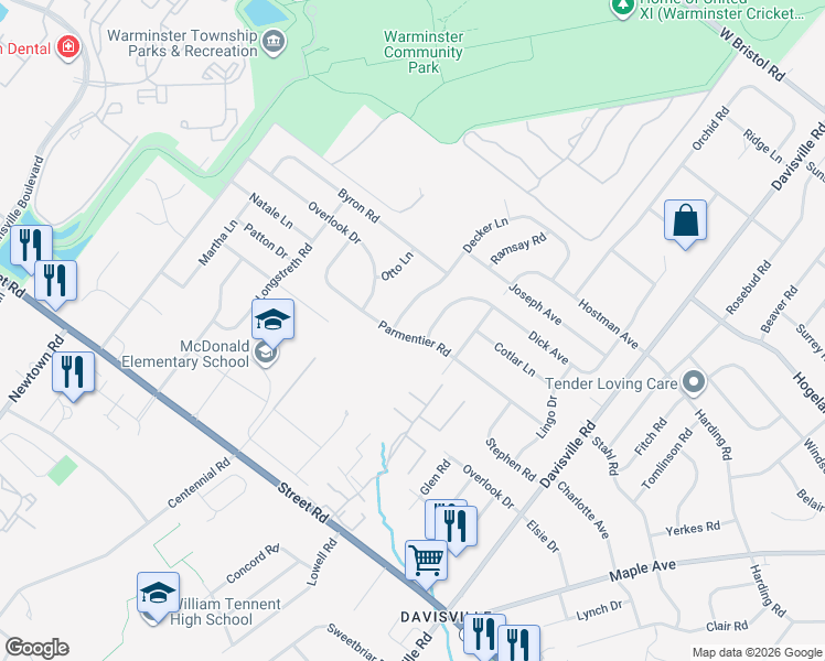 map of restaurants, bars, coffee shops, grocery stores, and more near 644 Parmentier Road in Warminster