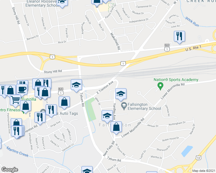 map of restaurants, bars, coffee shops, grocery stores, and more near 52 East Trenton Avenue in Levittown