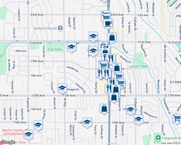 map of restaurants, bars, coffee shops, grocery stores, and more near 1868 Yeager Drive in Longmont