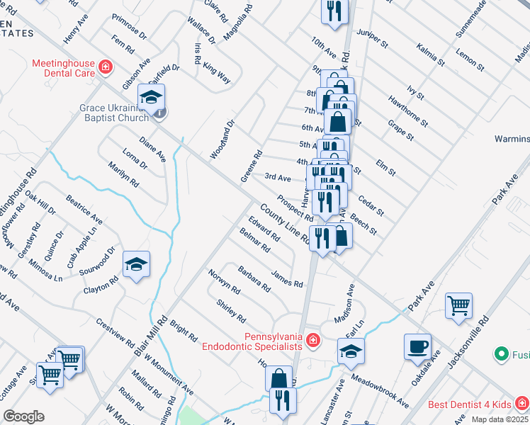 map of restaurants, bars, coffee shops, grocery stores, and more near 38 West County Line Road in Hatboro