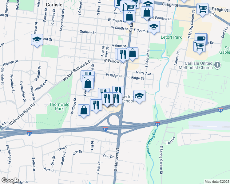 map of restaurants, bars, coffee shops, grocery stores, and more near 14 Noble Boulevard in Carlisle