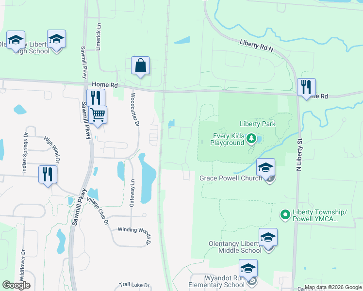 map of restaurants, bars, coffee shops, grocery stores, and more near 7629 Woodcutter Drive in Powell