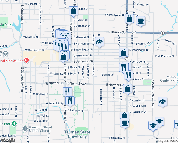 map of restaurants, bars, coffee shops, grocery stores, and more near 513 East Fillmore Street in Kirksville