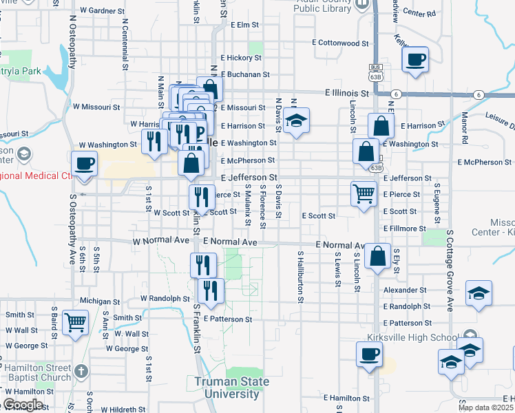 map of restaurants, bars, coffee shops, grocery stores, and more near 516 South Mulanix Street in Kirksville