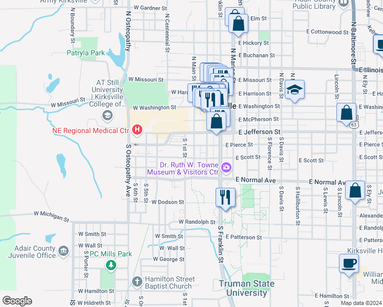map of restaurants, bars, coffee shops, grocery stores, and more near 511 South 1st Street in Kirksville