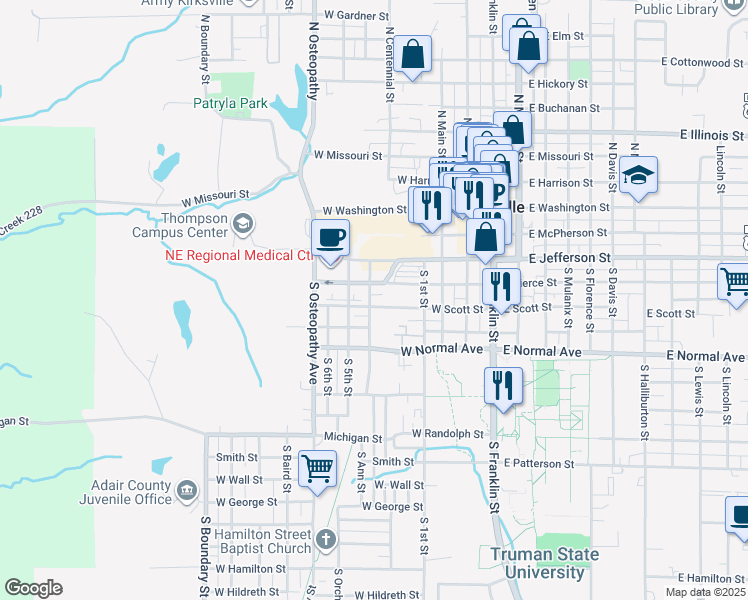 map of restaurants, bars, coffee shops, grocery stores, and more near 610 West Fillmore Street in Kirksville
