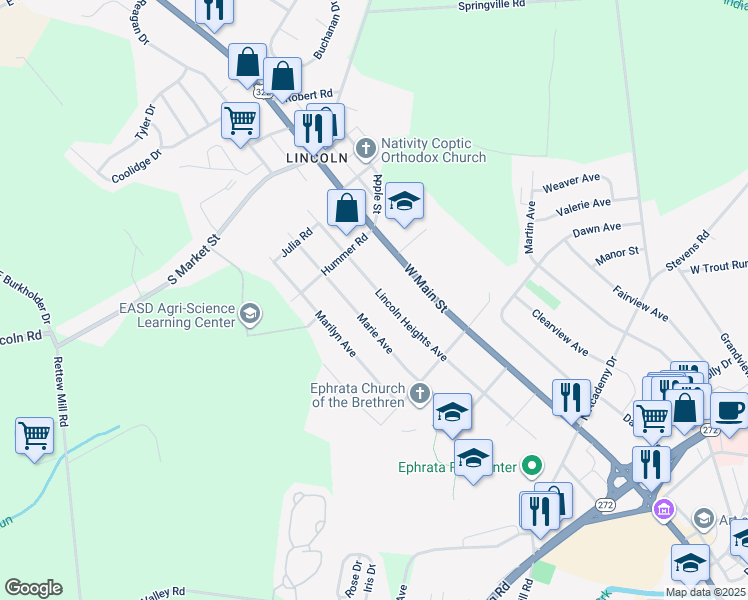 map of restaurants, bars, coffee shops, grocery stores, and more near 1204 Lincoln Heights Avenue in Ephrata