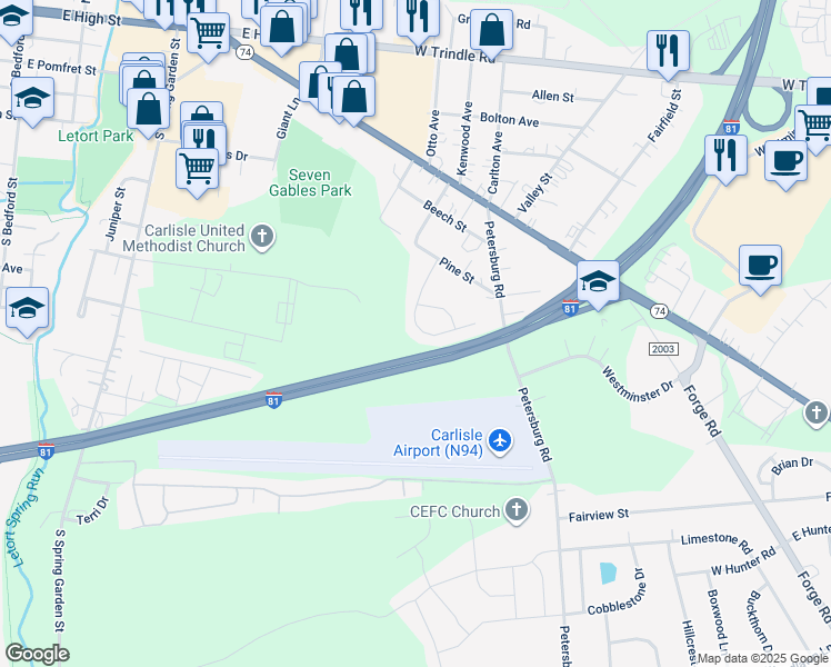 map of restaurants, bars, coffee shops, grocery stores, and more near 120 Sable Drive in Carlisle