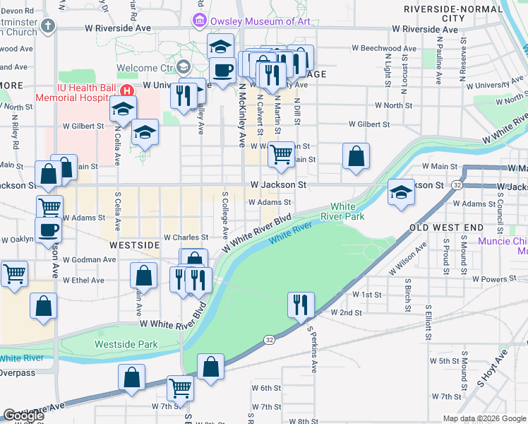 map of restaurants, bars, coffee shops, grocery stores, and more near 1803 West Charles Street in Muncie