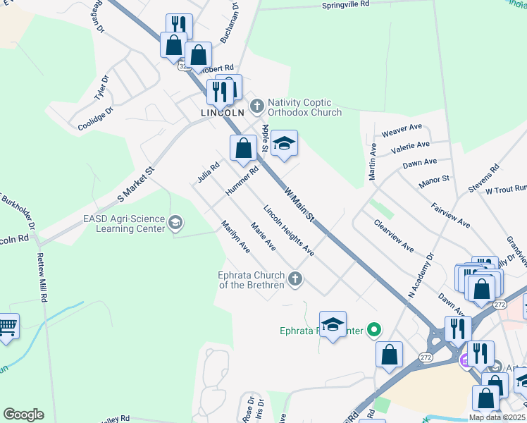 map of restaurants, bars, coffee shops, grocery stores, and more near 1204 Lincoln Heights Avenue in Ephrata
