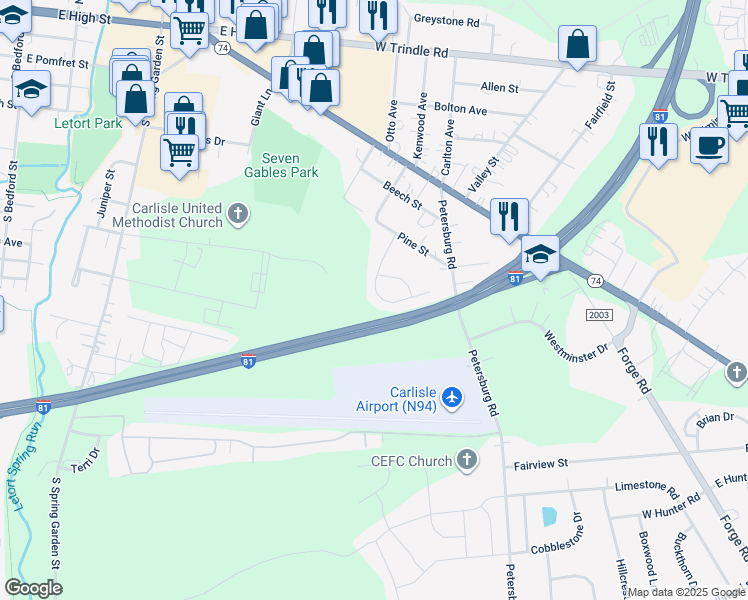 map of restaurants, bars, coffee shops, grocery stores, and more near 118 Sable Drive in Carlisle
