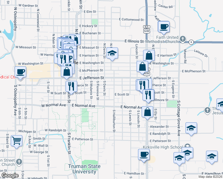 map of restaurants, bars, coffee shops, grocery stores, and more near 623 East Pierce Street in Kirksville