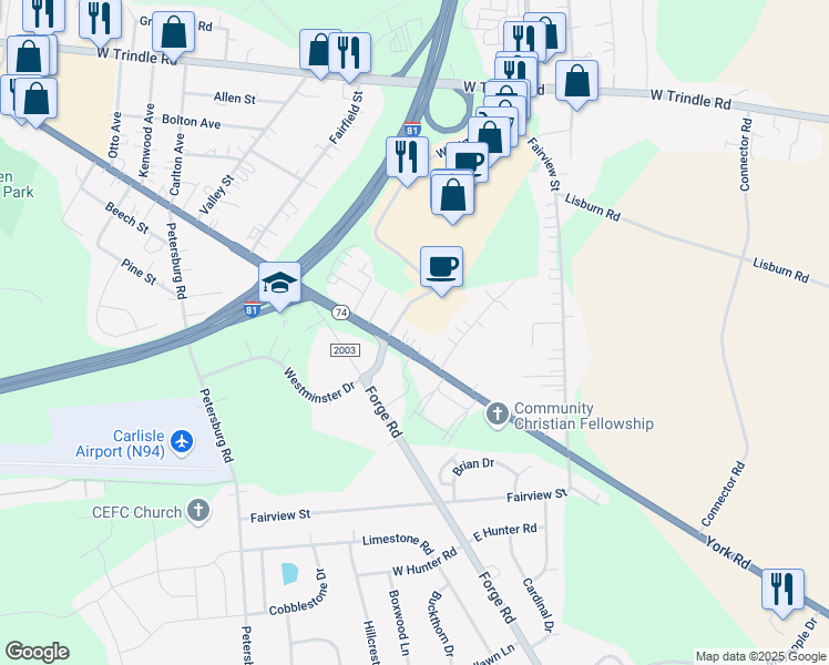 map of restaurants, bars, coffee shops, grocery stores, and more near 321 York Road in Carlisle