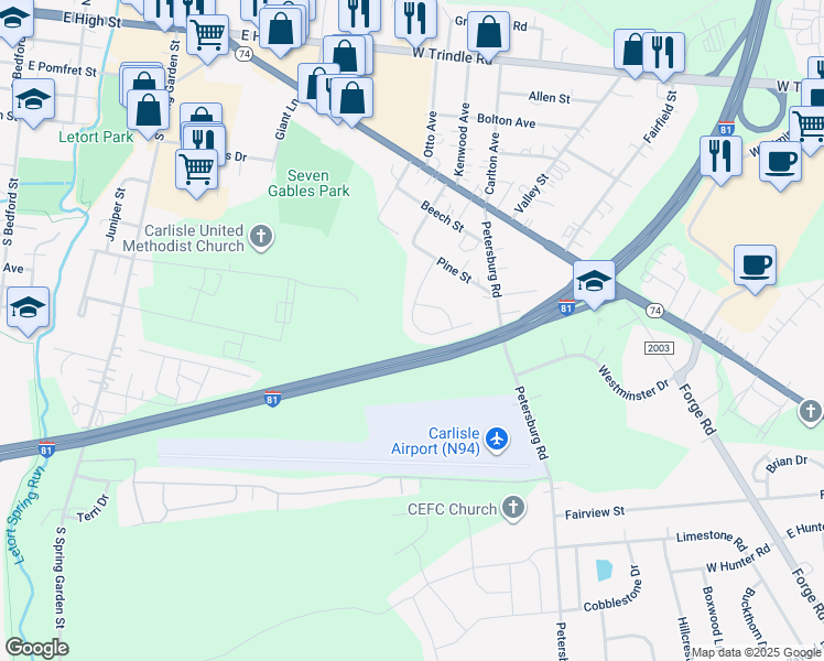 map of restaurants, bars, coffee shops, grocery stores, and more near 118 Sable Drive in Carlisle