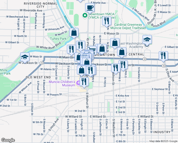 map of restaurants, bars, coffee shops, grocery stores, and more near 208 South Walnut Street in Muncie