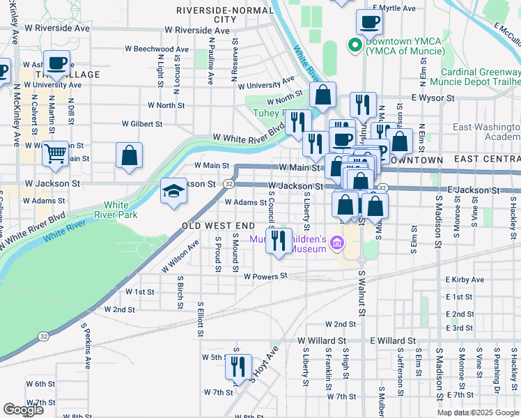 map of restaurants, bars, coffee shops, grocery stores, and more near 701 West Jackson Street in Muncie