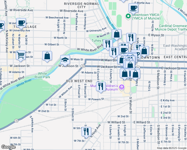 map of restaurants, bars, coffee shops, grocery stores, and more near 701 West Jackson Street in Muncie