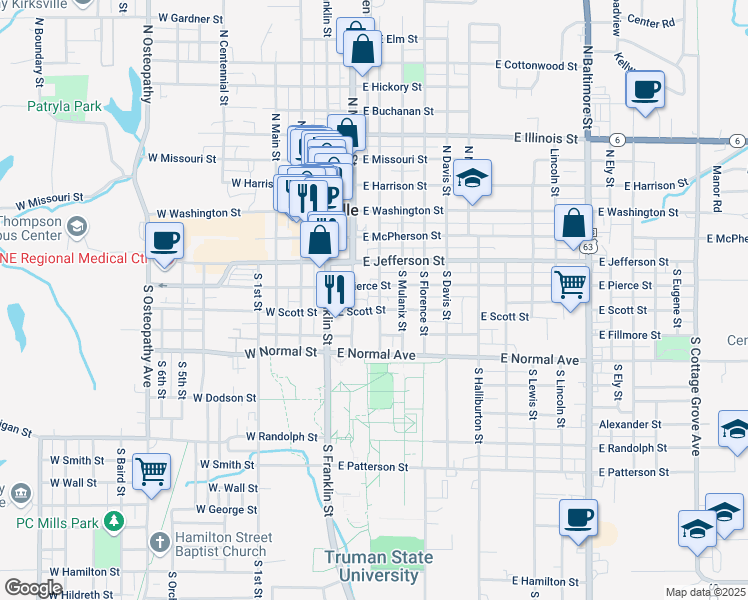 map of restaurants, bars, coffee shops, grocery stores, and more near 207-299 East Pierce Street in Kirksville